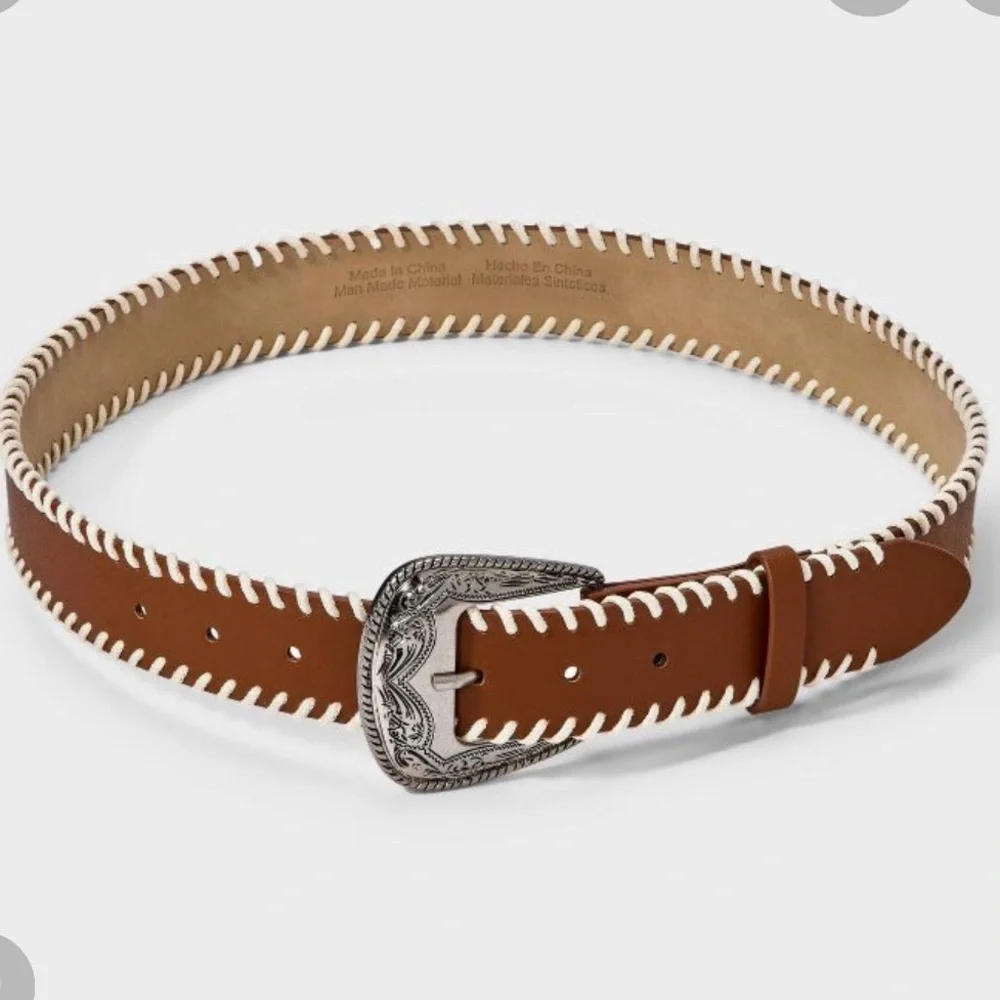 wild fable Brown Western Belt with White Whipstitch and Silver Buckle - Picture 2 of 4